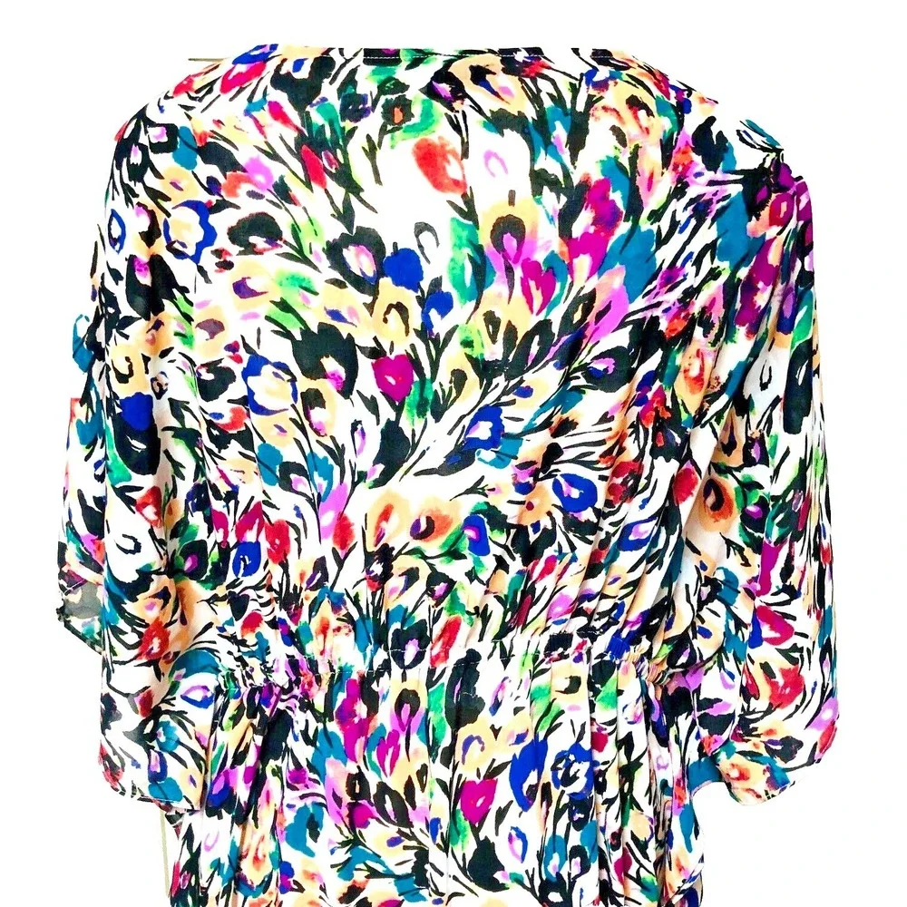 Nicole Miller Kaftan Caftan Dress Abstract Floral Sheer Beachy Fairy Womens L 12